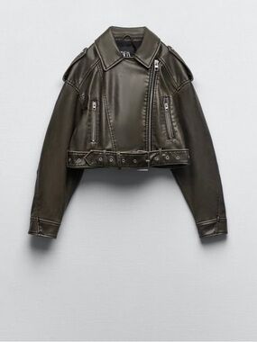 Zara Khaki Cropped Faux-Leather Moto Jacket